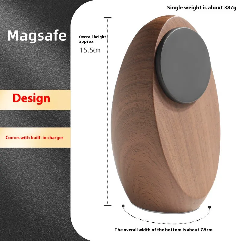 Creative Magsafe magnetic phone holder wireless charger in walnut resin colour on desk, 15.5cm length