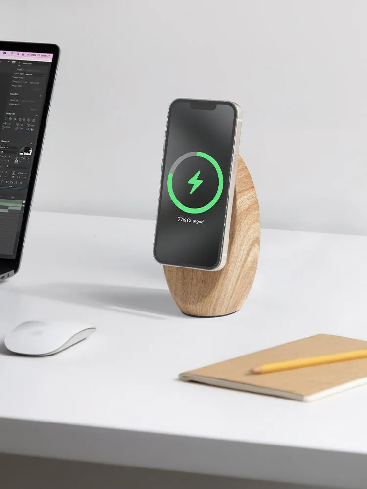 Creative Magsafe magnetic phone holder wireless charger in walnut resin colour on desk, 15.5cm length