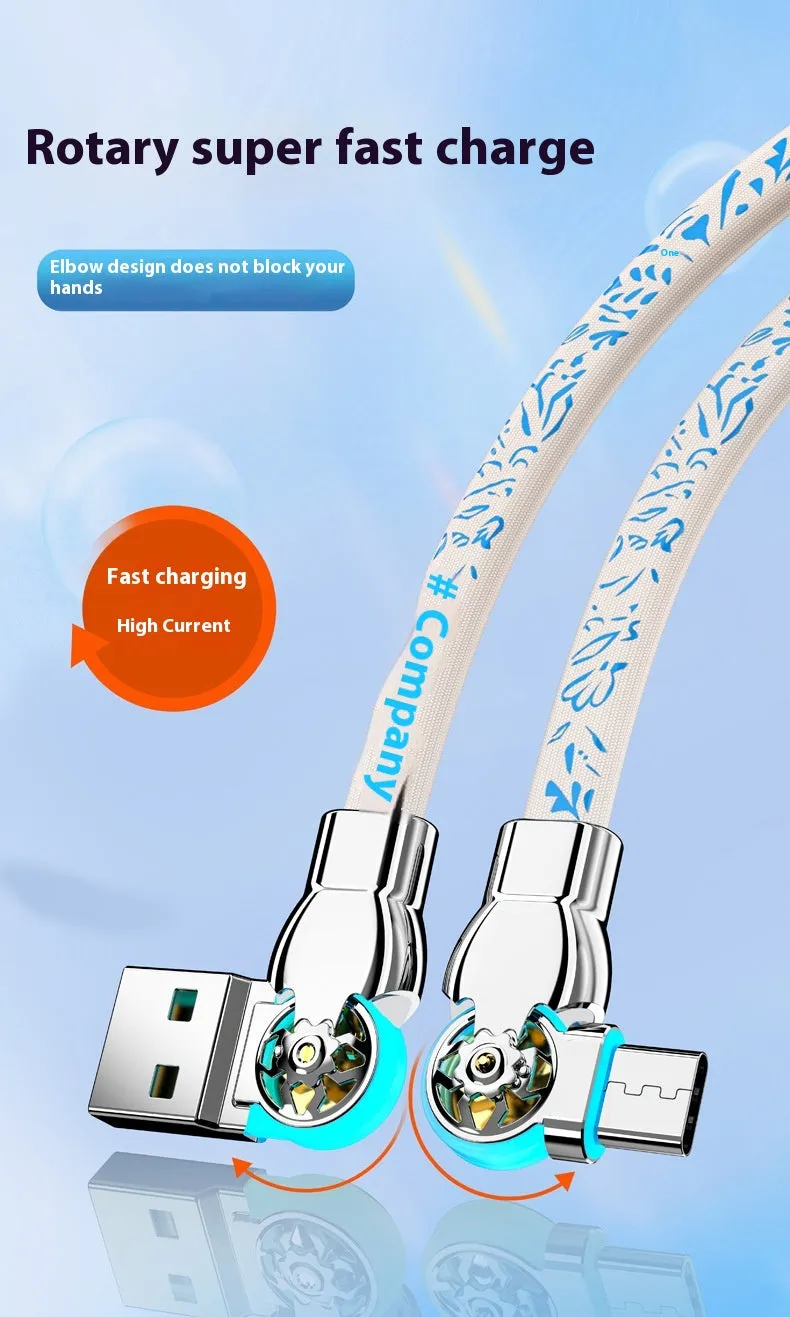 Blue and white porcelain printed woven fast charge data cable with double bend rotating design in 1m length