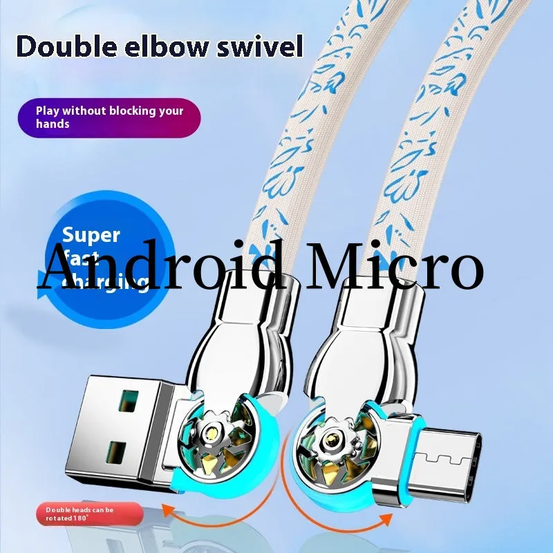 Blue and white porcelain printed woven fast charge data cable with double bend rotating design in 1m length