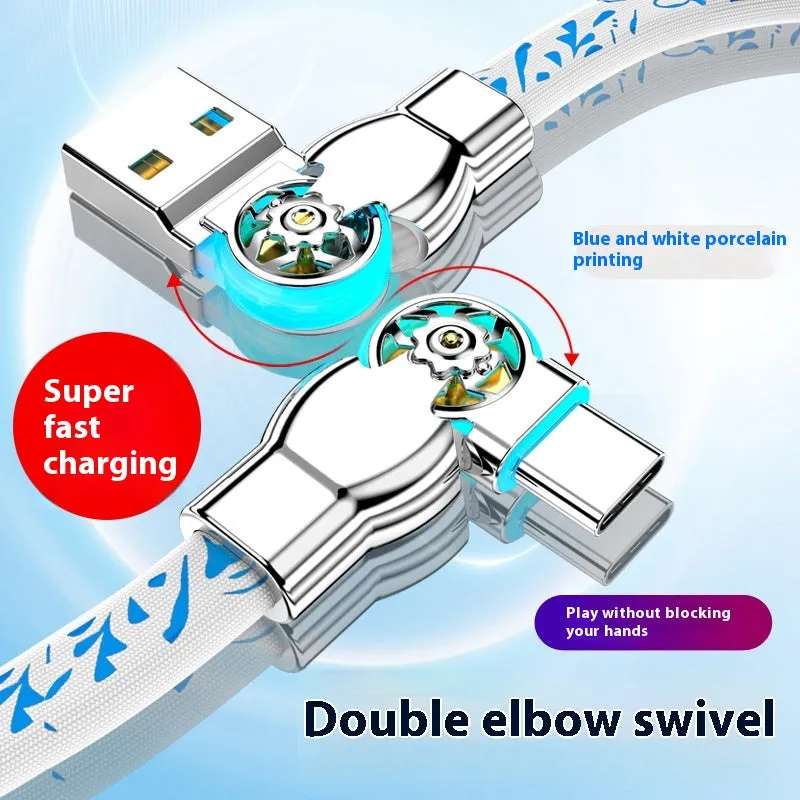 Blue and white porcelain printed woven fast charge data cable with double bend rotating design in 1m length