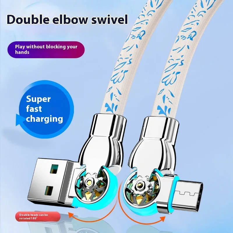 Blue and white porcelain printed woven fast charge data cable with double bend rotating design in 1m length