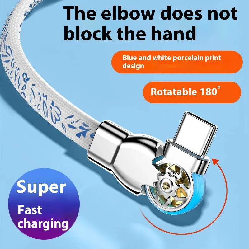 Blue and white porcelain printed woven fast charge data cable with double bend rotating design in 1m length