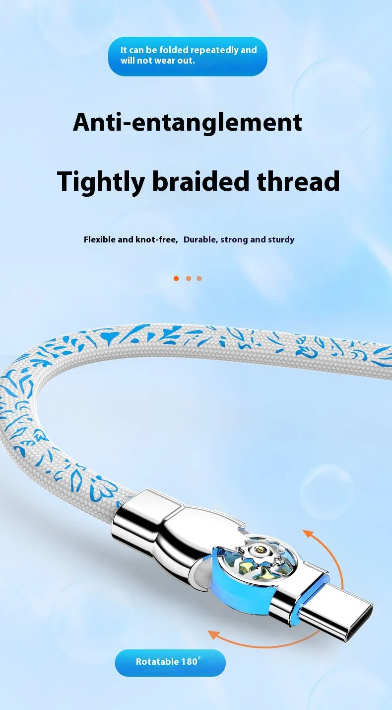 Blue and white porcelain printed woven fast charge data cable with double bend rotating design in 1m length