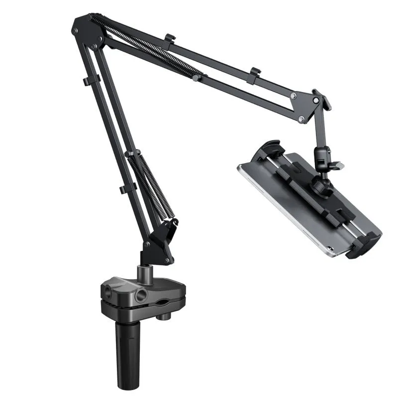 Metal cantilever bracket bedside table with four clips holding a mobile phone