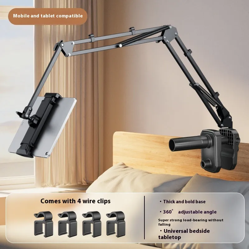 Metal cantilever bracket bedside table with four clips holding a mobile phone