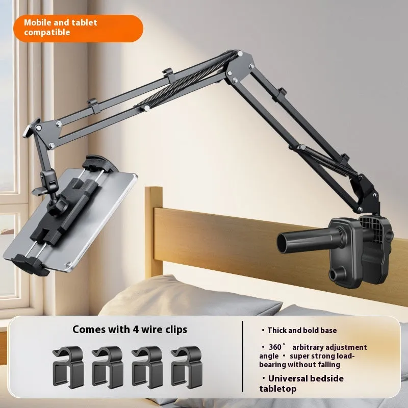 Metal cantilever bracket bedside table with four clips holding a mobile phone