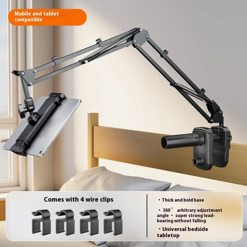 Metal cantilever bracket bedside table with four clips holding a mobile phone