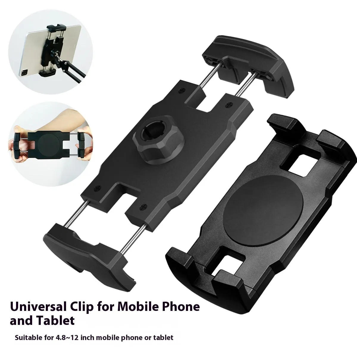 Metal cantilever bracket bedside table with four clips holding a mobile phone