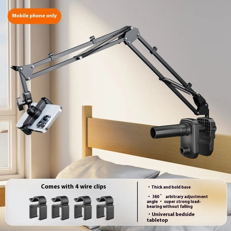 Metal cantilever bracket bedside table with four clips holding a mobile phone