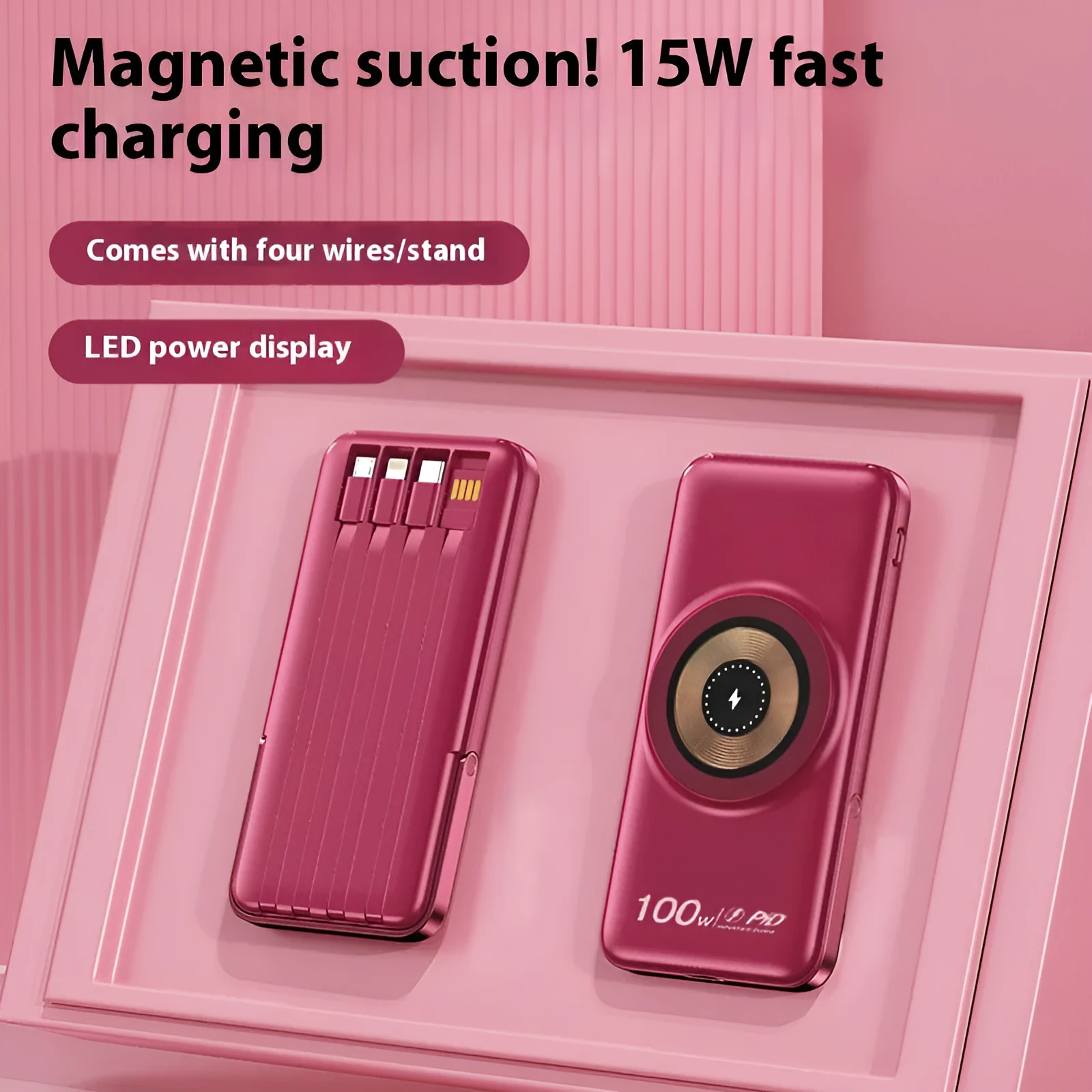 20000 MA power bank with built-in cable and fast charging, compact PVC shell in black