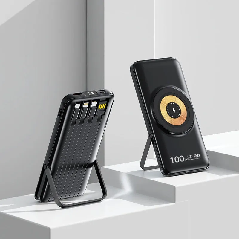 20000 MA power bank with built-in cable and fast charging, compact PVC shell in black