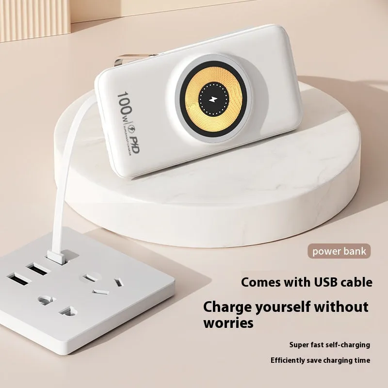 20000 MA power bank with built-in cable and fast charging, compact PVC shell in black