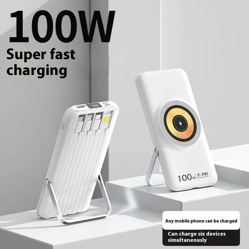 20000 MA power bank with built-in cable and fast charging, compact PVC shell in black