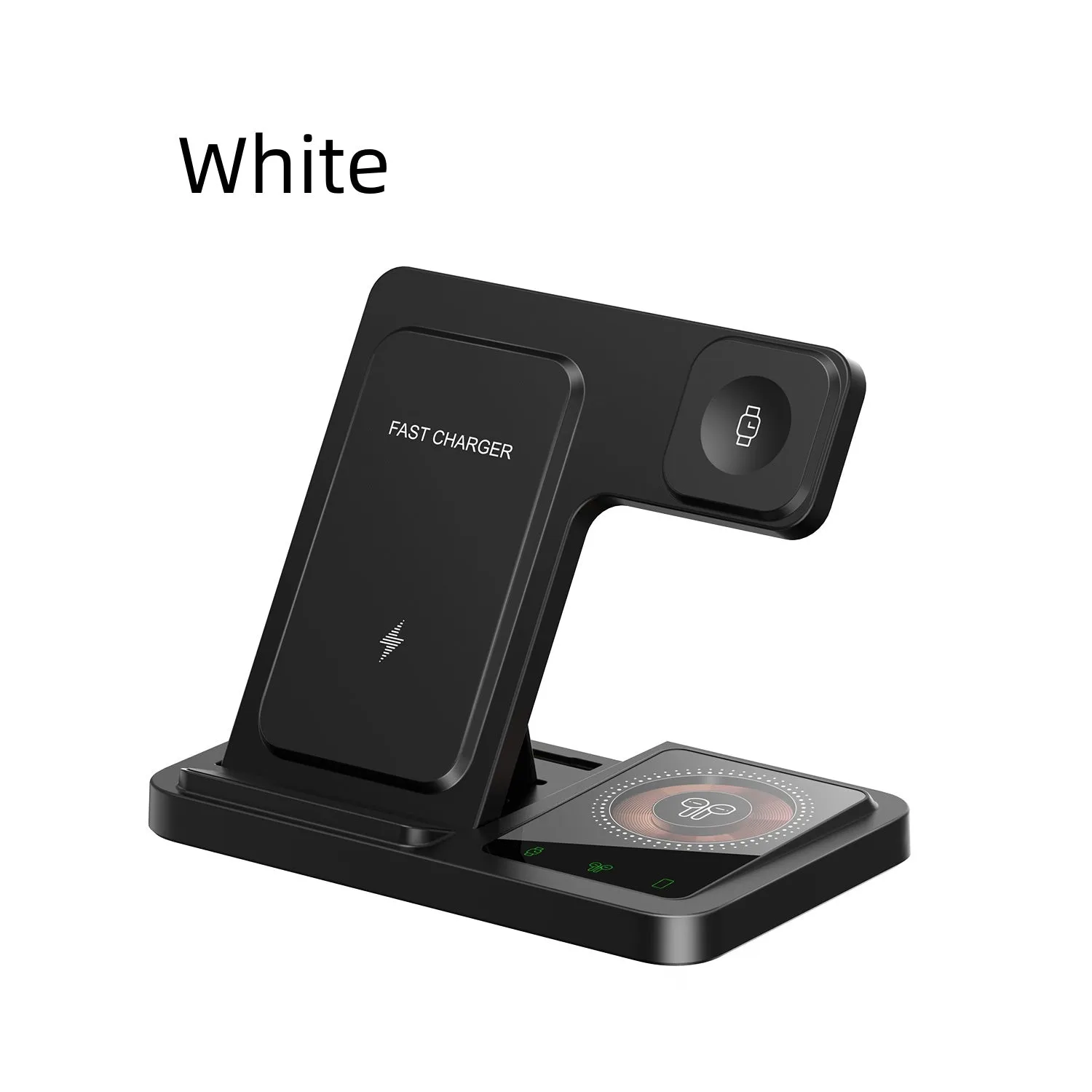 Three-in-one foldable wireless charger for iPhone and Apple Watch with transparent design in black