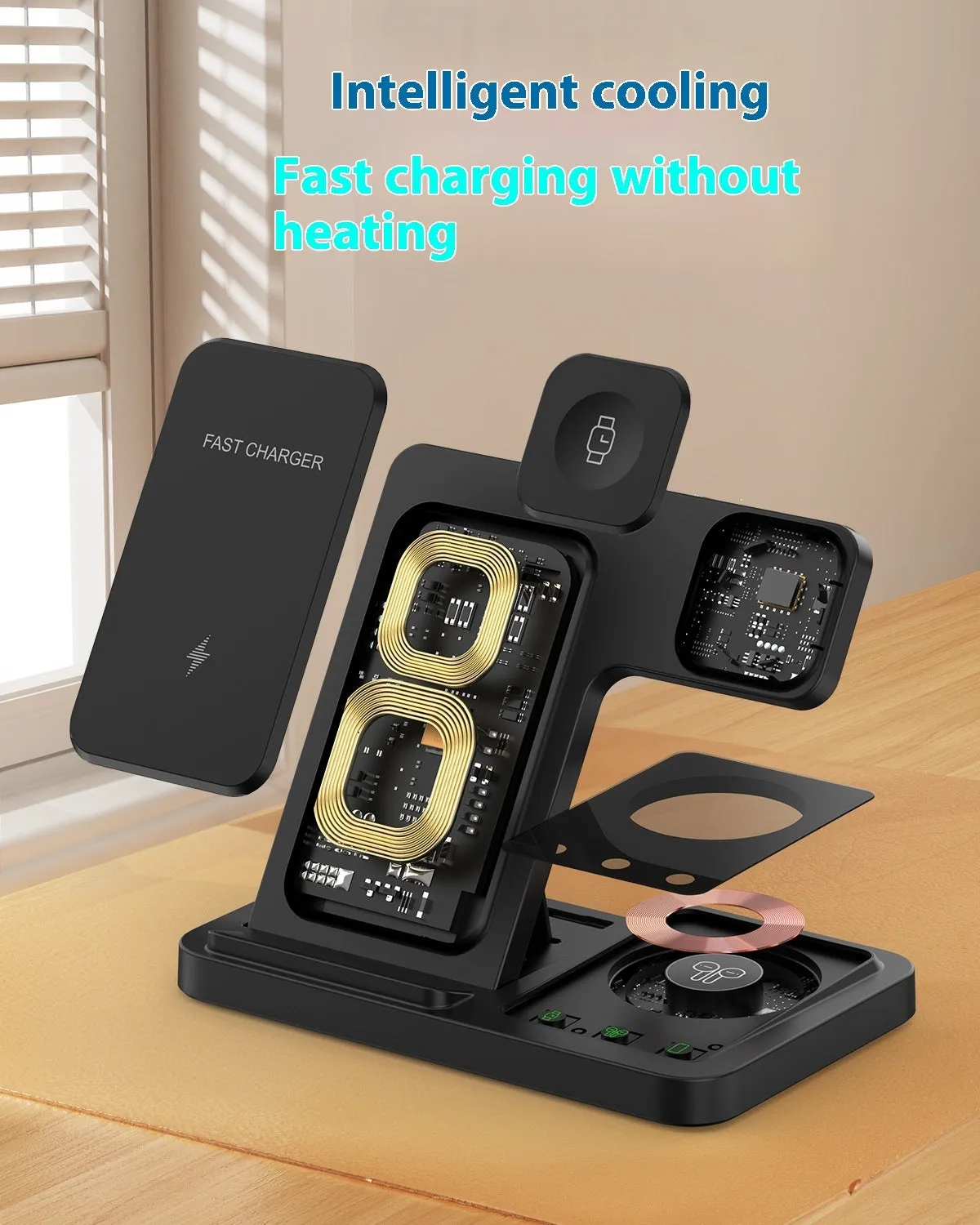 Three-in-one foldable wireless charger for iPhone and Apple Watch with transparent design in black