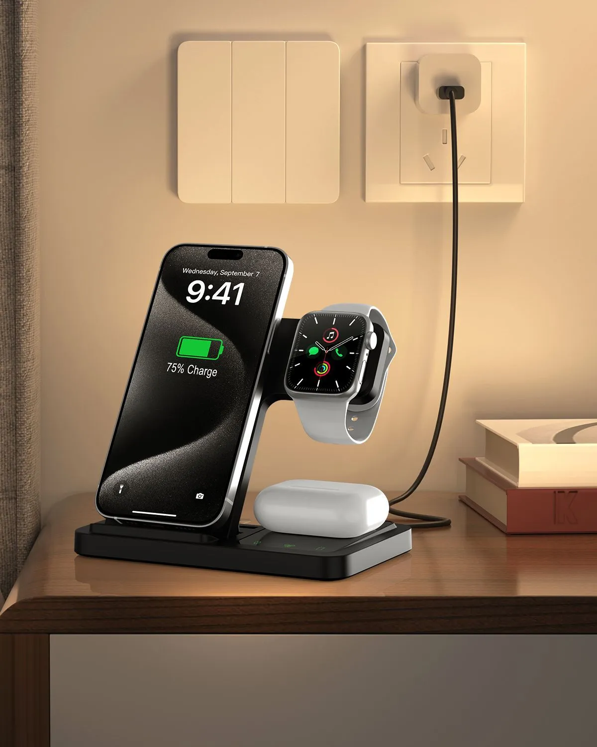 Three-in-one foldable wireless charger for iPhone and Apple Watch with transparent design in black