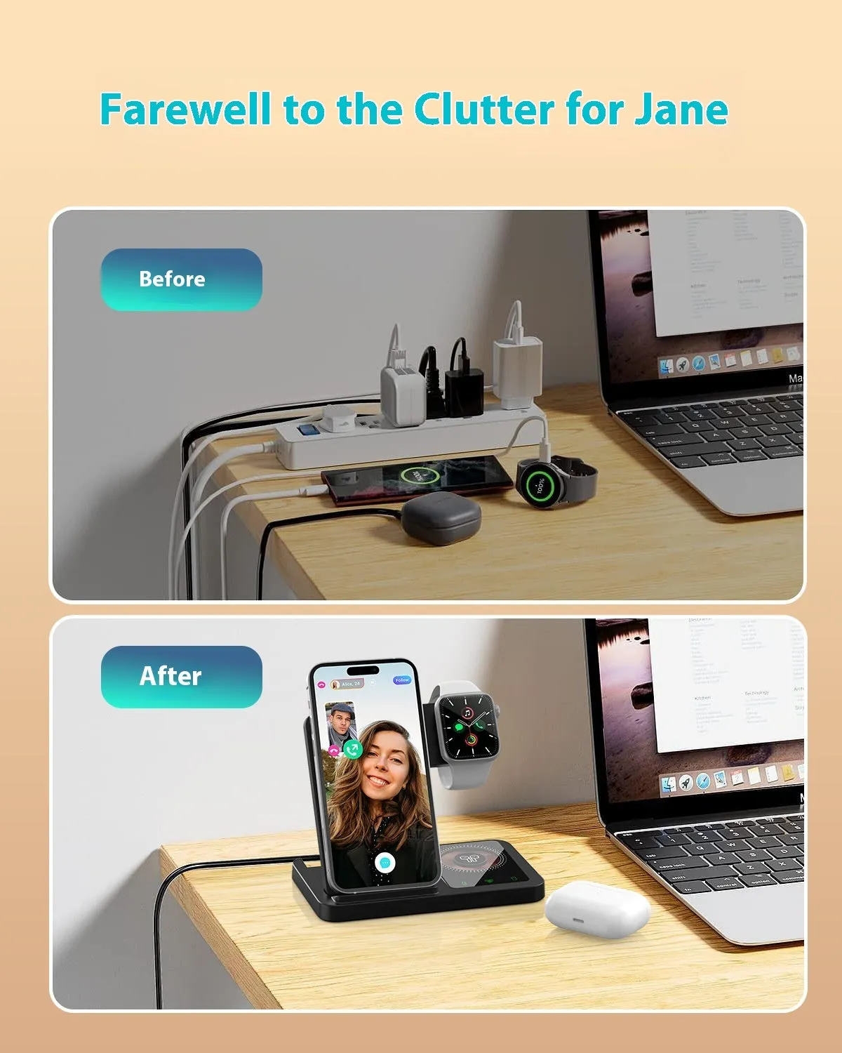 Three-in-one foldable wireless charger for iPhone and Apple Watch with transparent design in black