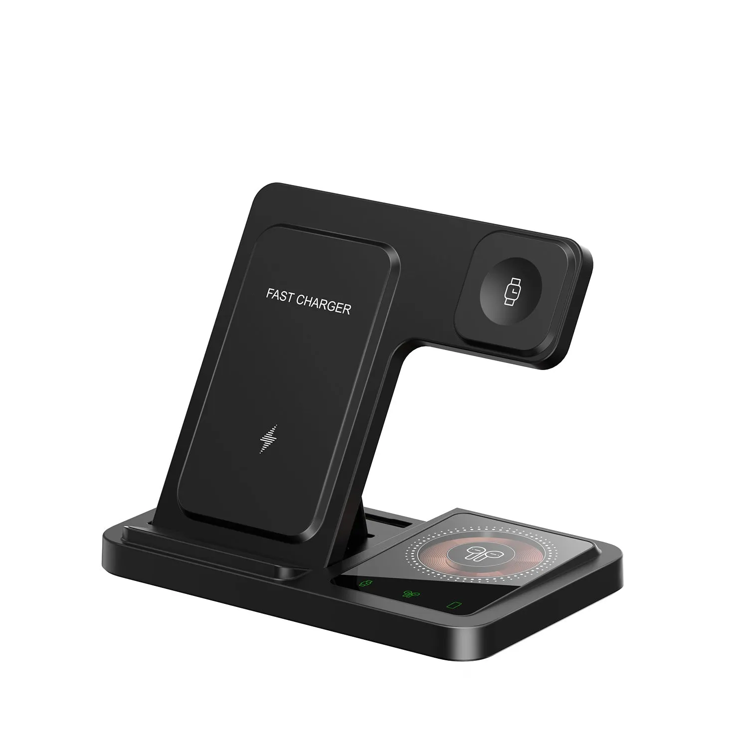 Three-in-one foldable wireless charger for iPhone and Apple Watch with transparent design in black