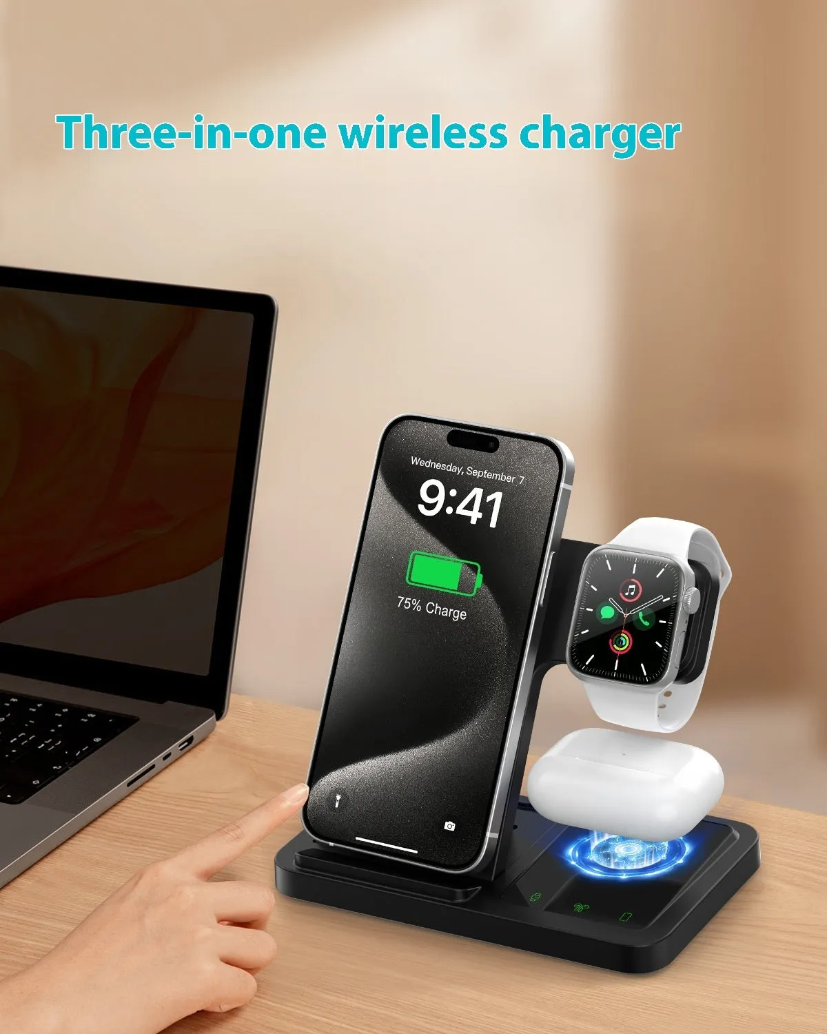 Three-in-one foldable wireless charger for iPhone and Apple Watch with transparent design in black