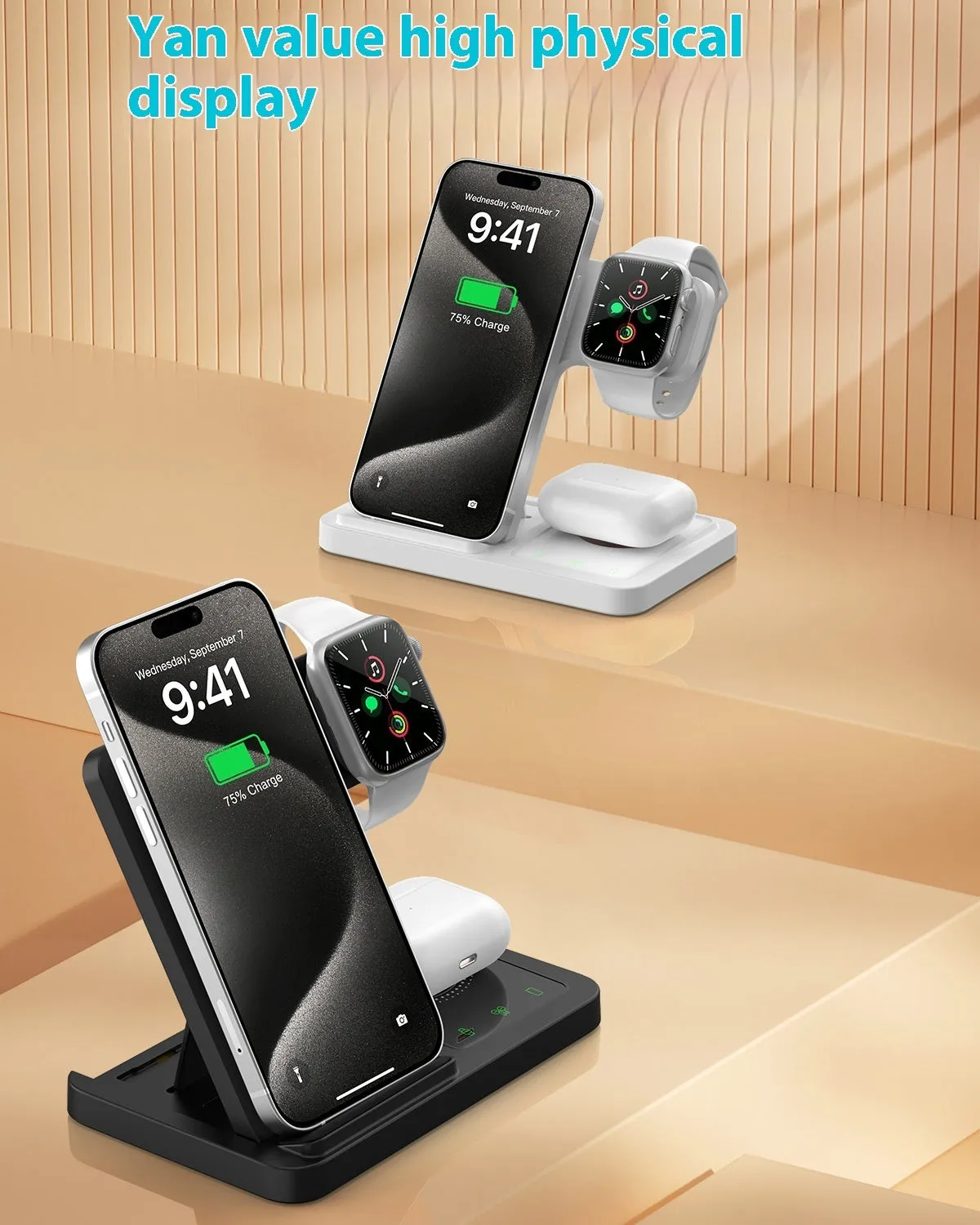 Three-in-one foldable wireless charger for iPhone and Apple Watch with transparent design in black