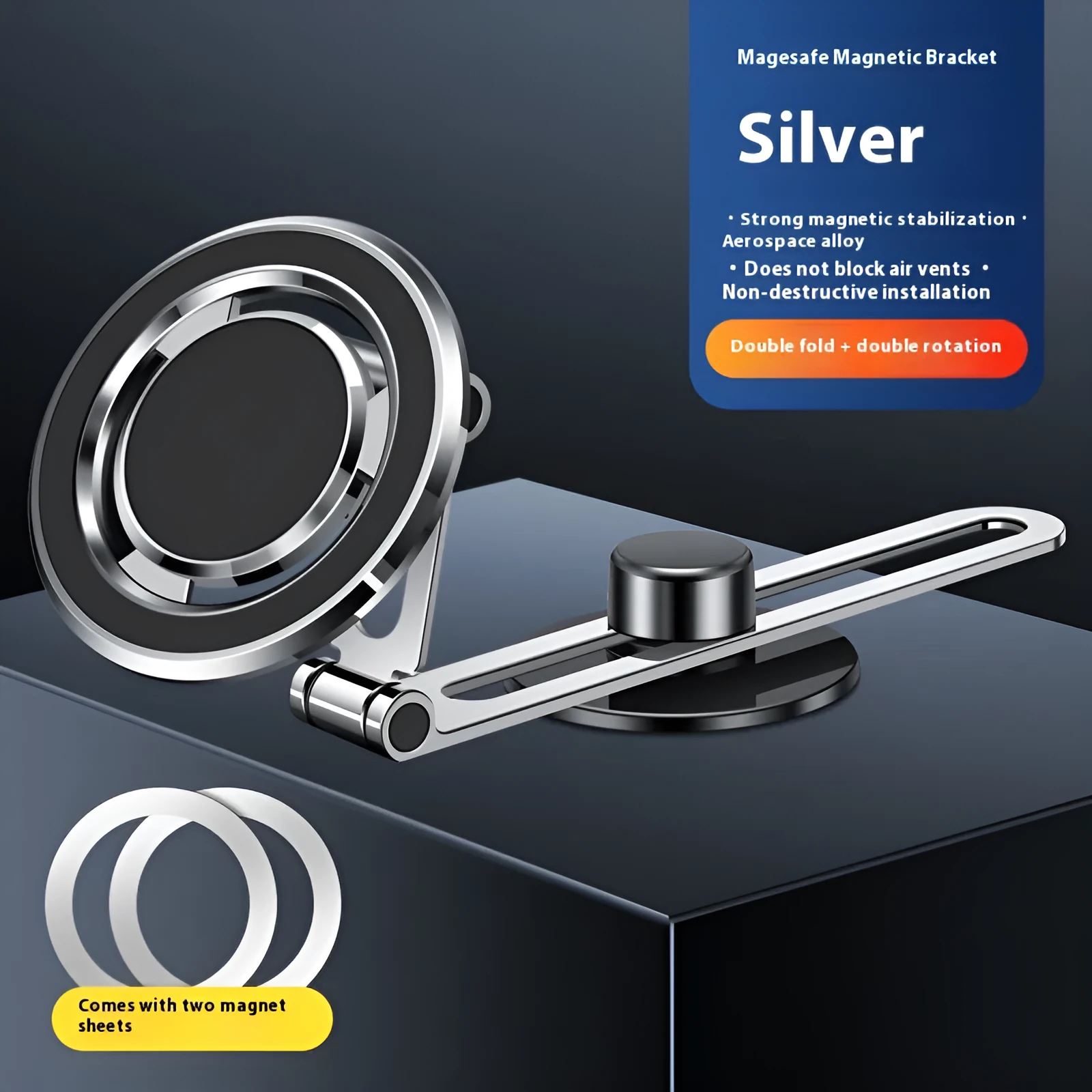 F62 magnetic car phone bracket in silver with rotary arm for dashboard mounting