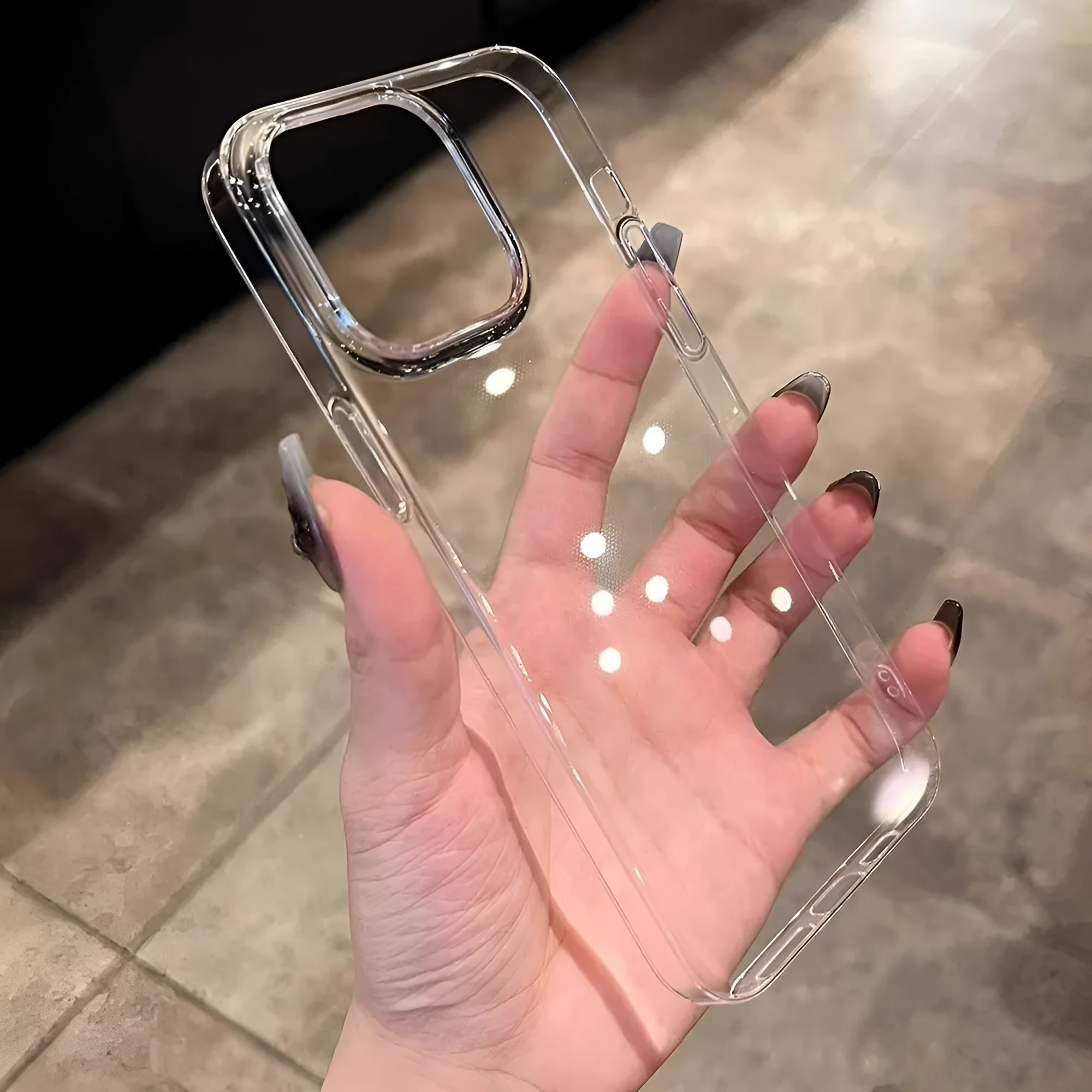 Ultra-thin transparent PC hard shell phone case for iPhone with glossy finish and large camera cutout