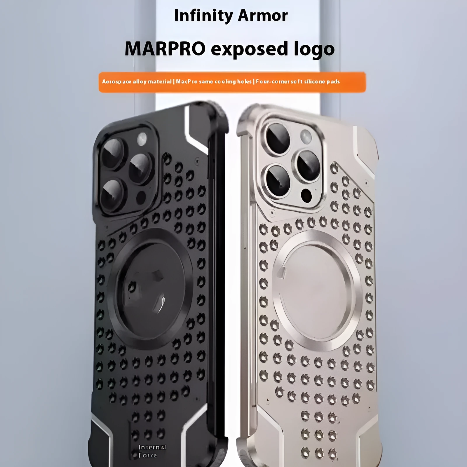 Borderless aluminum alloy phone case with hollow ventilation grid and magnetic ring inside, for iPhone 15 Pro Max in silver colour