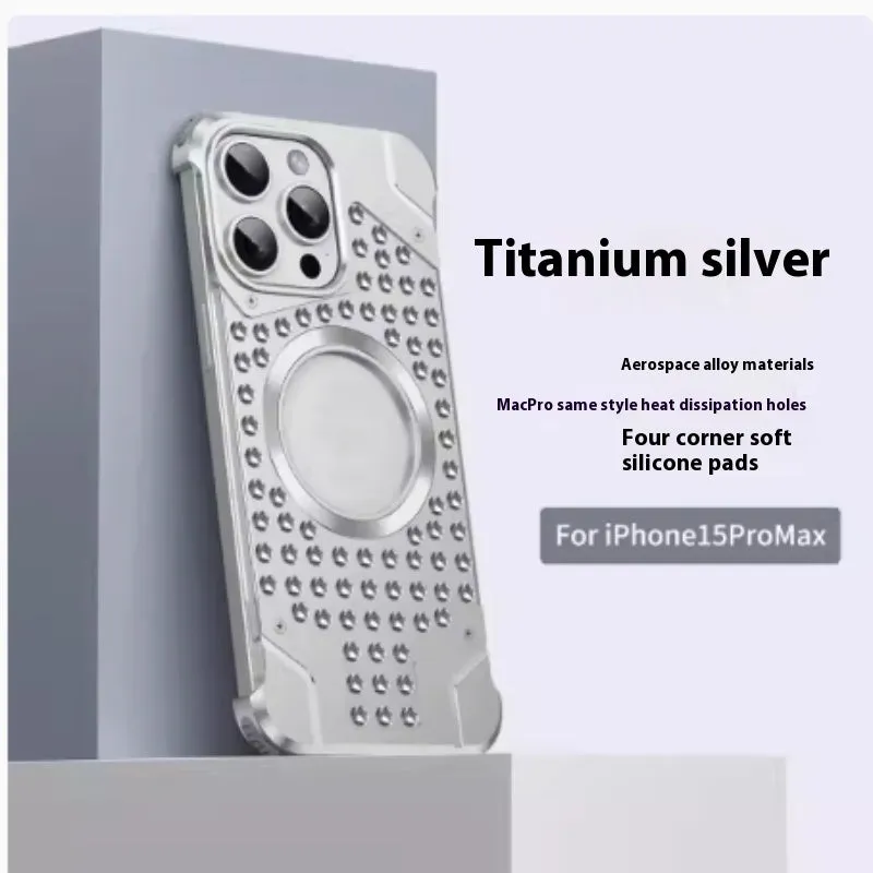 Borderless aluminum alloy phone case with hollow ventilation grid and magnetic ring inside, for iPhone 15 Pro Max in silver colour
