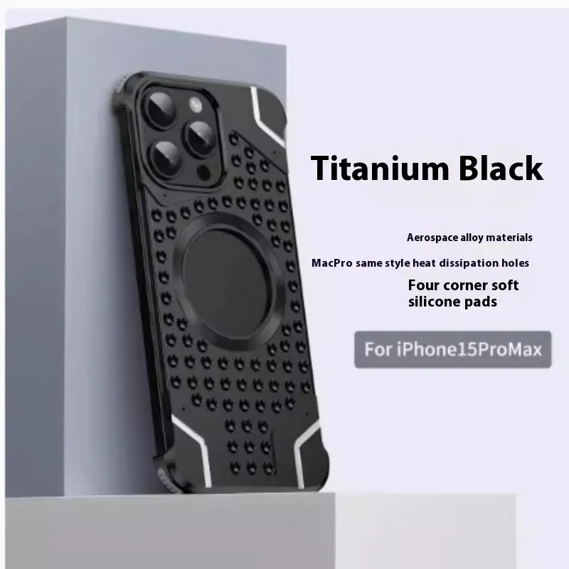 Borderless aluminum alloy phone case with hollow ventilation grid and magnetic ring inside, for iPhone 15 Pro Max in silver colour