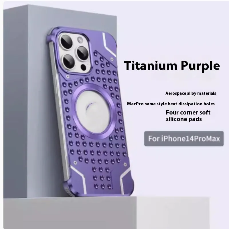 Borderless aluminum alloy phone case with hollow ventilation grid and magnetic ring inside, for iPhone 15 Pro Max in silver colour
