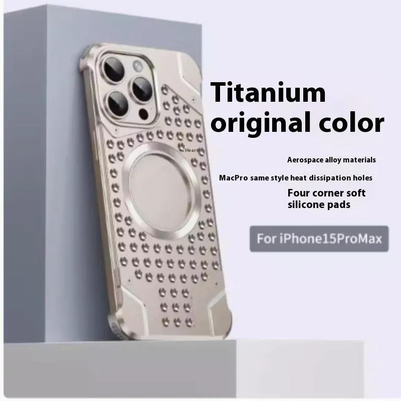 Borderless aluminum alloy phone case with hollow ventilation grid and magnetic ring inside, for iPhone 15 Pro Max in silver colour