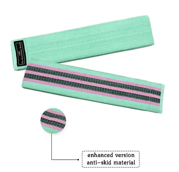 Set of three coloured fabric resistance bands and a net storage bag laid flat
