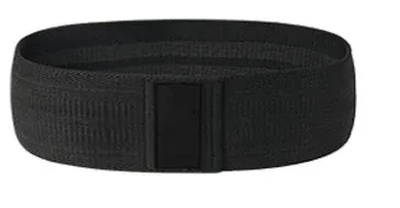 Set of three coloured fabric resistance bands and a net storage bag laid flat