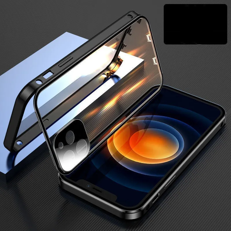 Magnetic metal frame iPhone bumper case with tempered glass protection in black colour