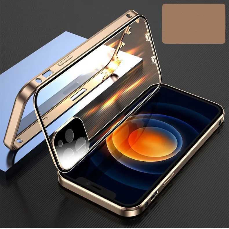 Magnetic metal frame iPhone bumper case with tempered glass protection in black colour