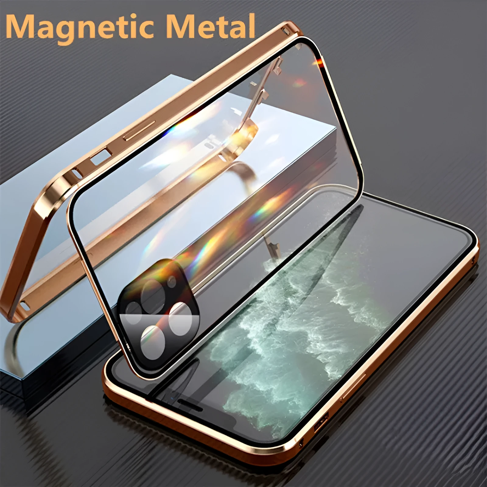 Magnetic metal frame iPhone bumper case with tempered glass protection in black colour