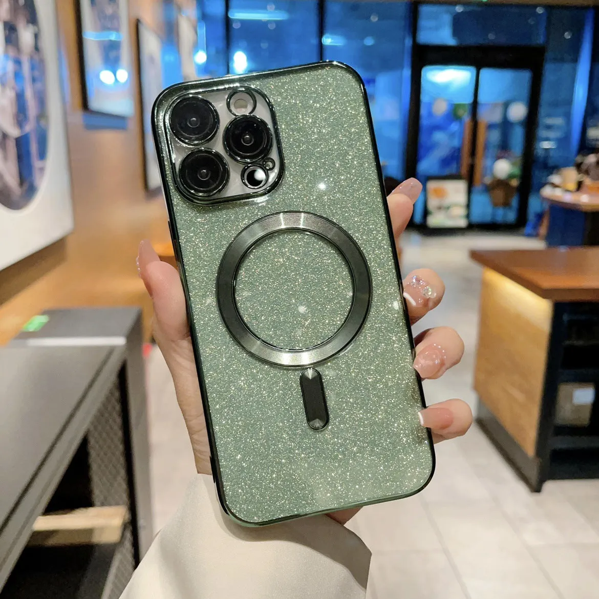 Transparent magnetic TPU phone case for iPhone, showing coloured edges in blue, with raised camera bezel