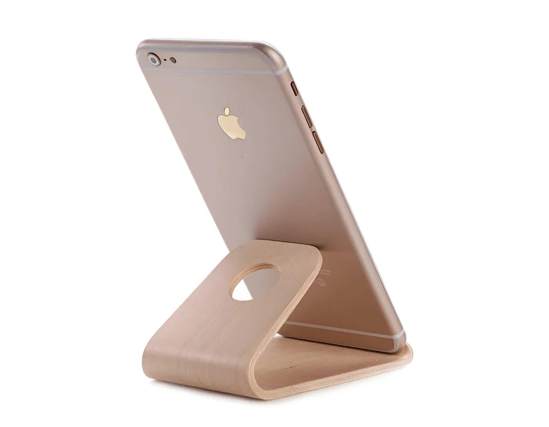 Wooden iPhone charging stand in walnut and white maple finishes