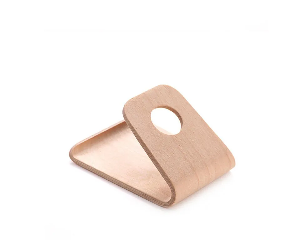 Wooden iPhone charging stand in walnut and white maple finishes