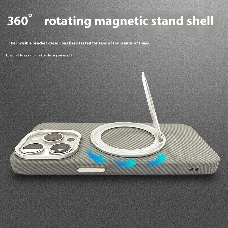 Rotating aluminum alloy bracket phone case in graphite black with carbon fiber pattern drop-resistant shell for Apple
