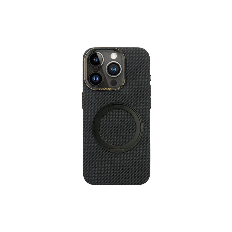 Rotating aluminum alloy bracket phone case in graphite black with carbon fiber pattern drop-resistant shell for Apple