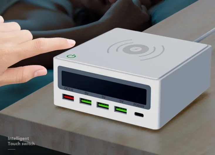 Amazon Explosive PD65w 5-port USB charger with wireless charging pad showing multiple device connections