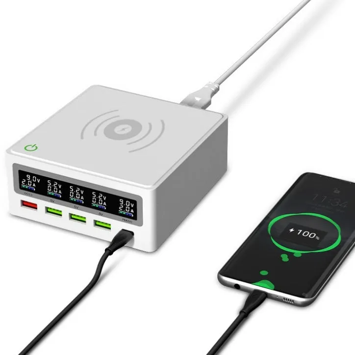 Amazon Explosive PD65w 5-port USB charger with wireless charging pad showing multiple device connections