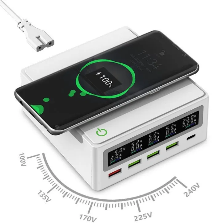 Amazon Explosive PD65w 5-port USB charger with wireless charging pad showing multiple device connections