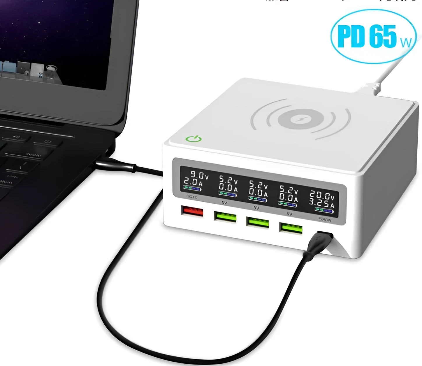 Amazon Explosive PD65w 5-port USB charger with wireless charging pad showing multiple device connections