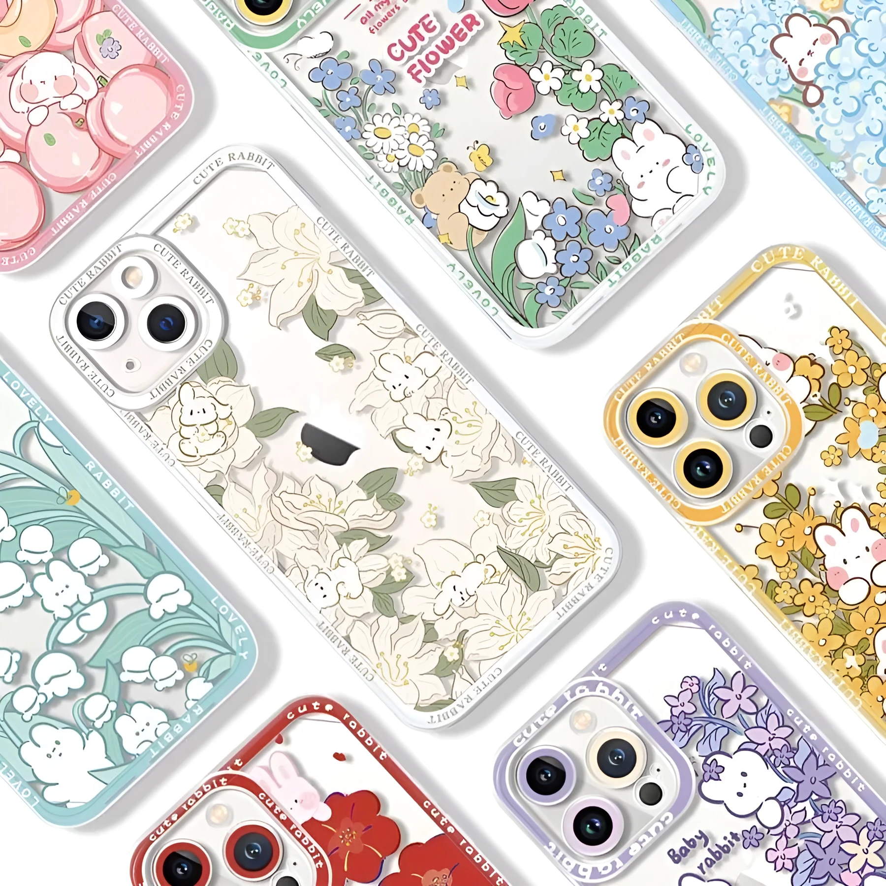 UV printed transparent TPU phone case with Angel Eyes rabbit and flower design for Apple iPhone 15 Pro Max