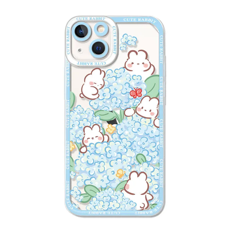 UV printed transparent TPU phone case with Angel Eyes rabbit and flower design for Apple iPhone 15 Pro Max