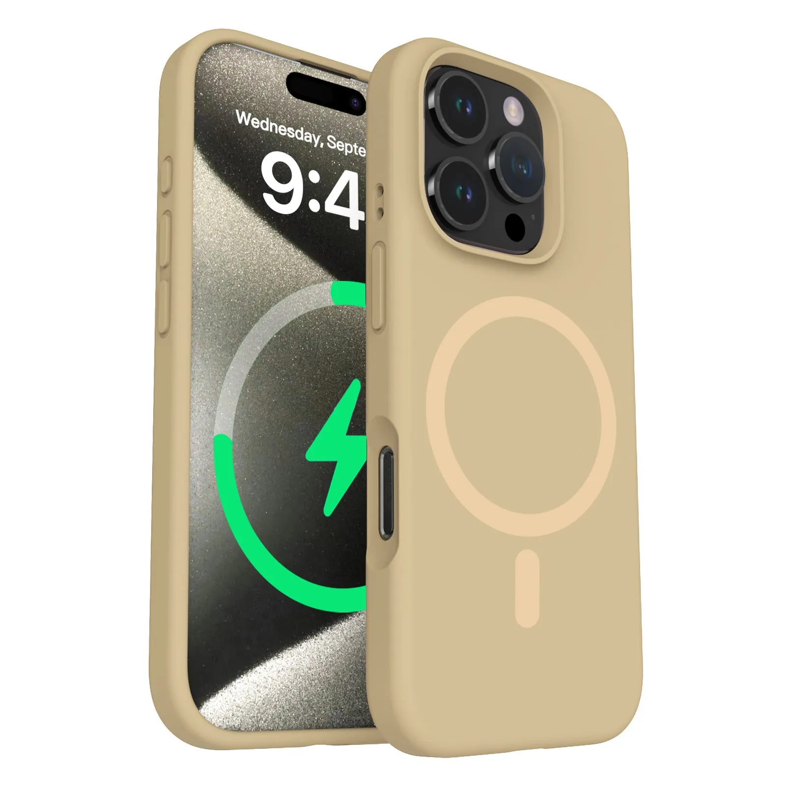 Liquid silicone magnetic phone case for iPhone showing full lens coverage and colour options including black, white, and antique white