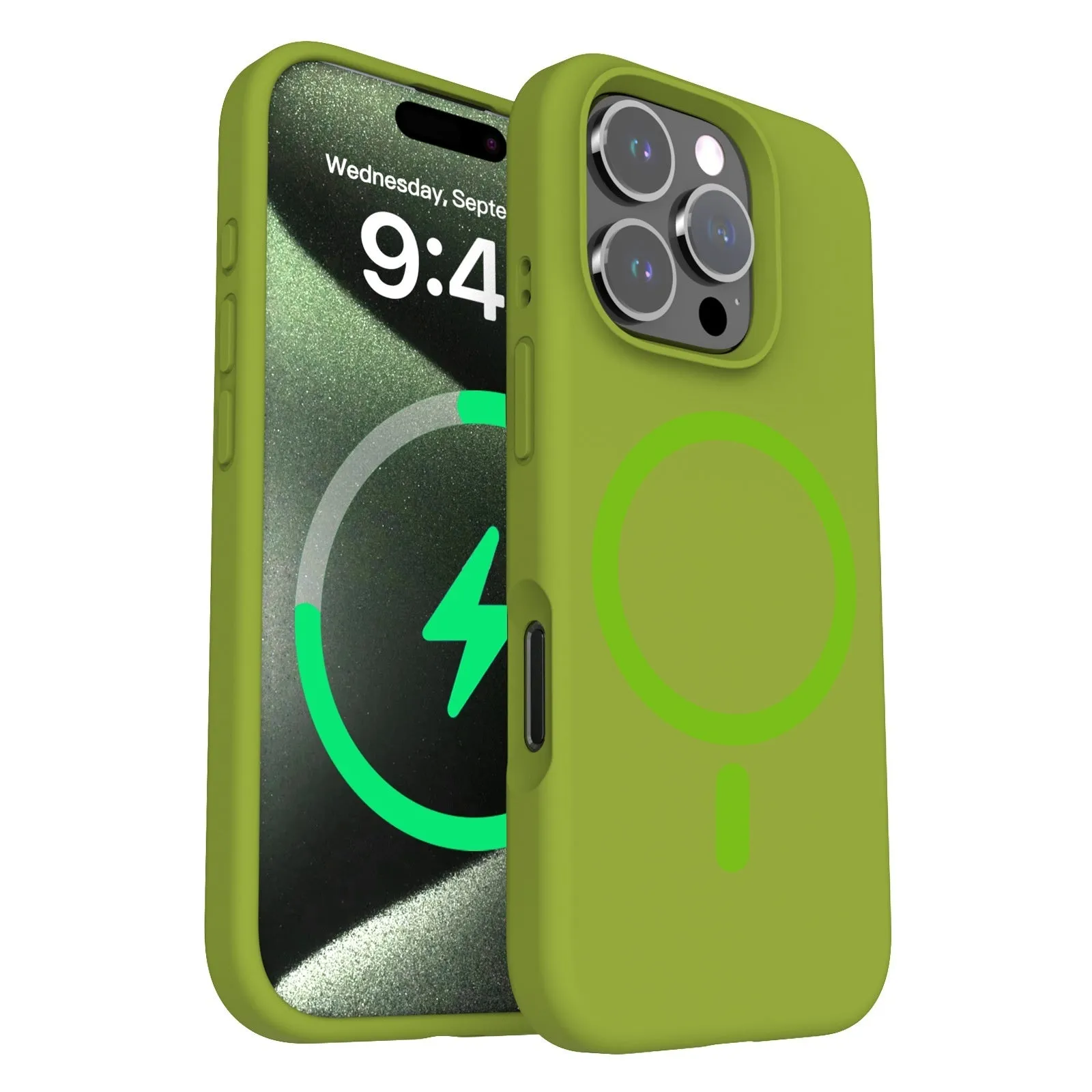 Liquid silicone magnetic phone case for iPhone showing full lens coverage and colour options including black, white, and antique white